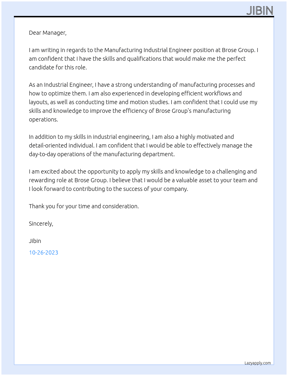 Manufacturing Industrial Engineer At Brose Group Cover Letter