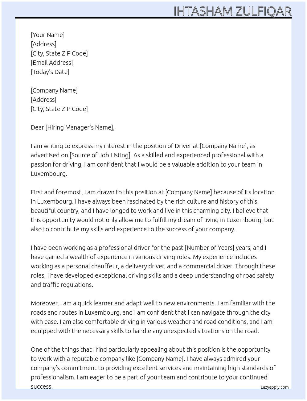 Driver  At Luxembourg Cover Letter
