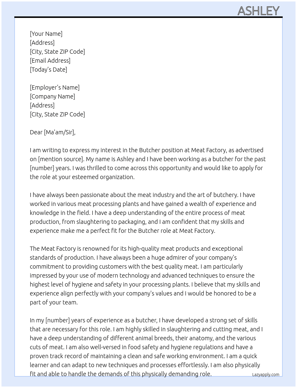 Butcher  At Meat factory  Cover Letter