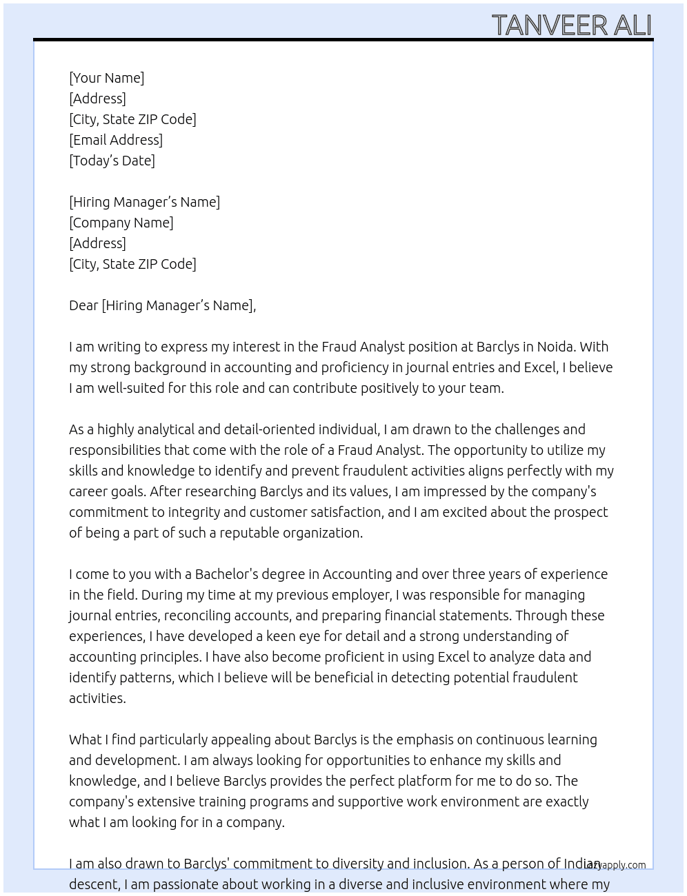 Fraud analyst At Barclys Cover Letter
