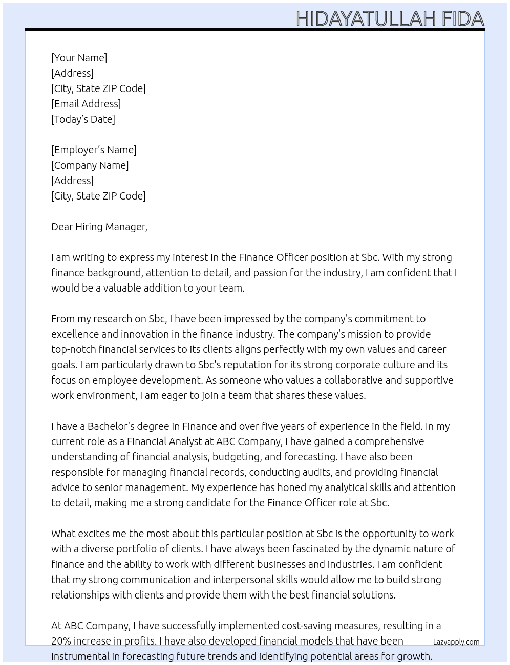 Finance officer At Sbc Cover Letter