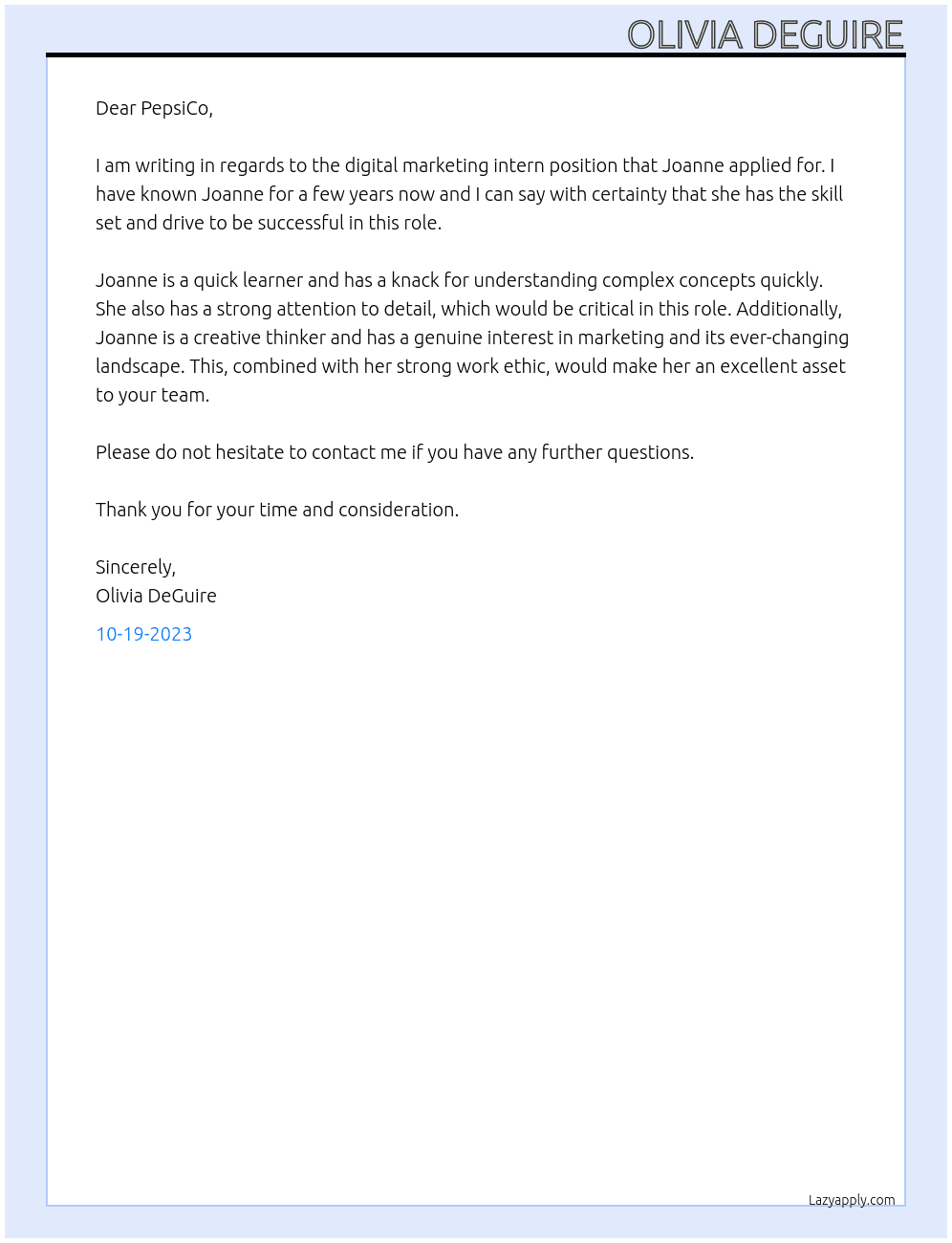 Digital Marketing Intern At PepsiCo Cover Letter