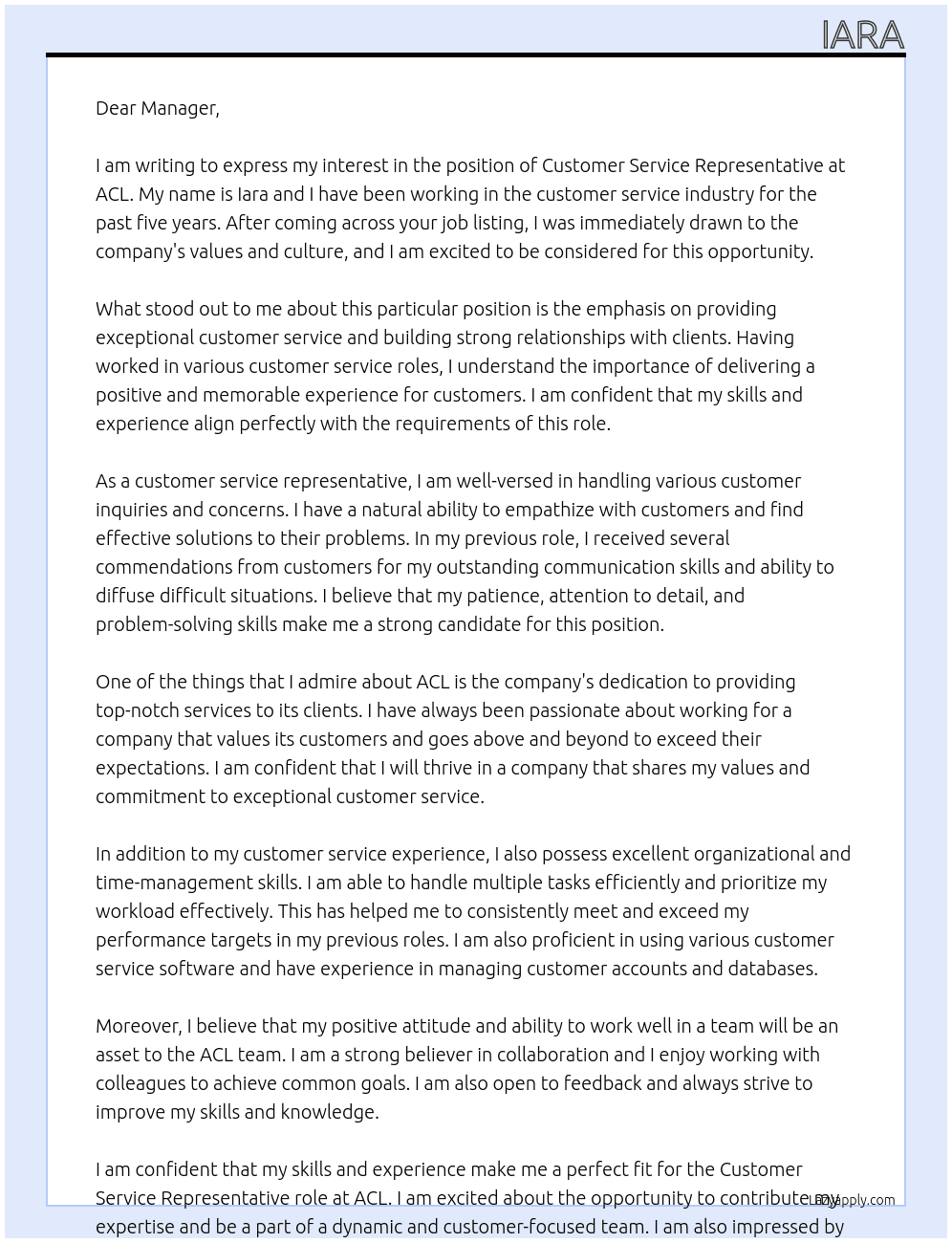 customer service representative At acl Cover Letter