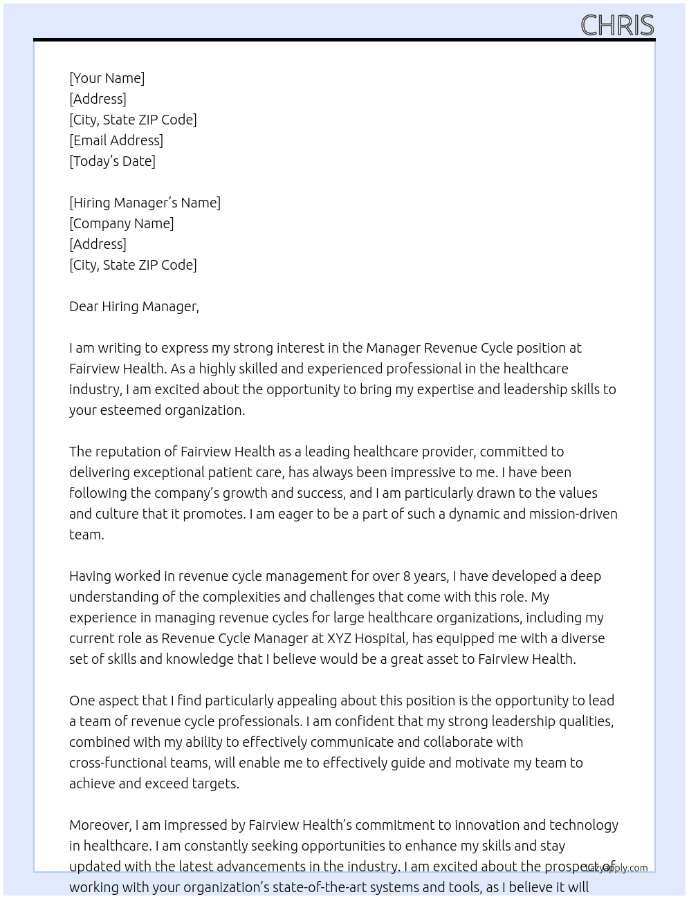Cover letter for manager revenue cycle - LazyApply