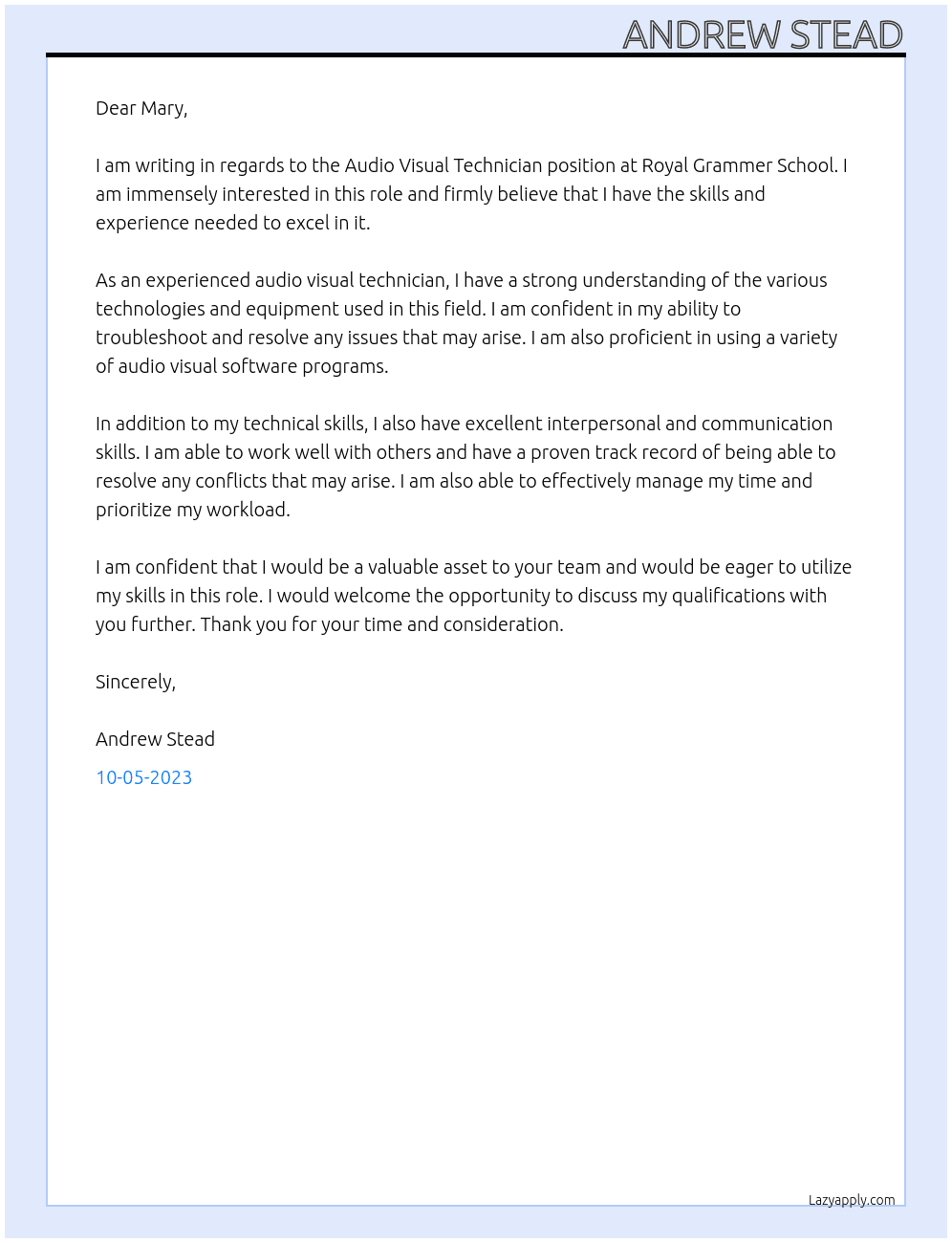 Audio Visual Technician At Royal grammer School Cover Letter