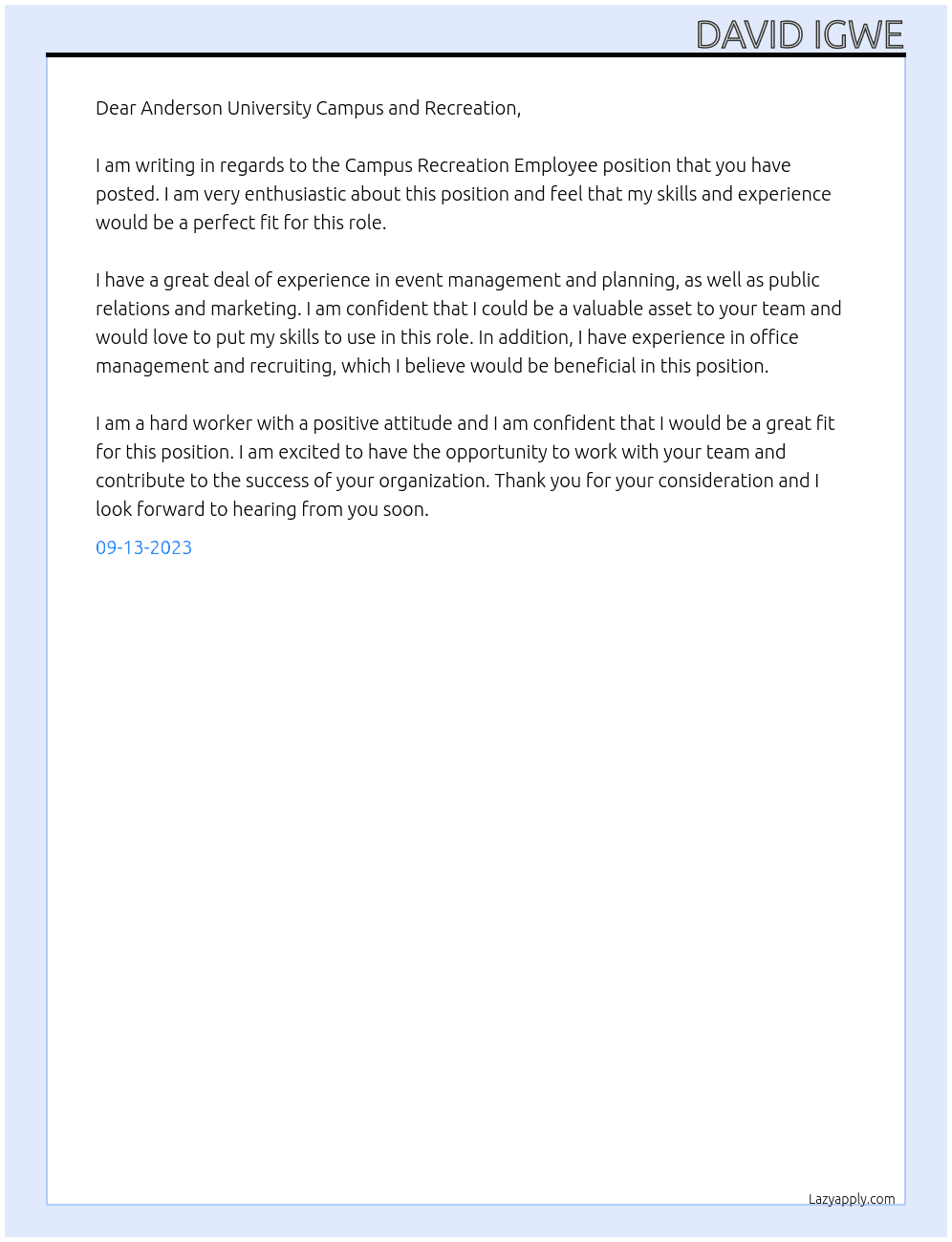 Campus Recreation Employee At Anderson University Campus and Recreation  Cover Letter