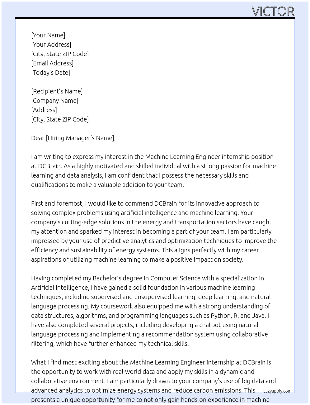 Machine Learning Engineer internship At DCBrain Cover Letter