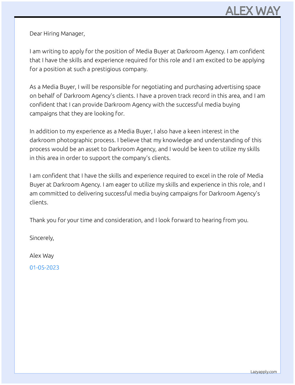 Media Buyer At Darkroom Agency Cover Letter