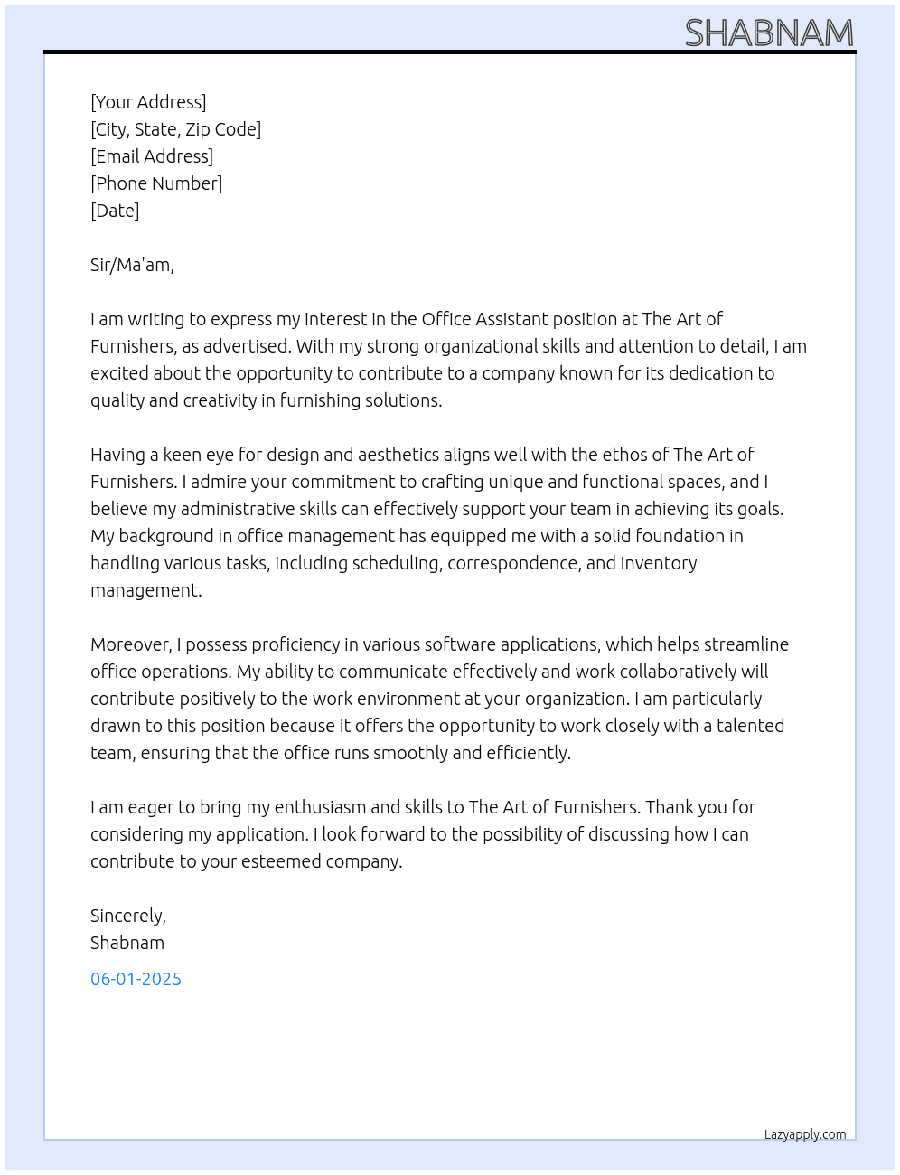 Office Assistant At The Art of Furnishers  Cover Letter