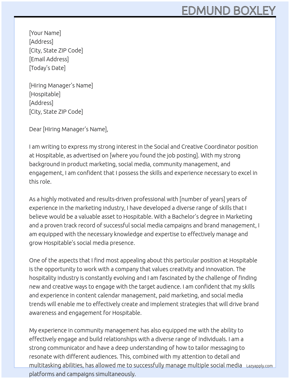 Social and Creative Coordinator At Hospitable Cover Letter
