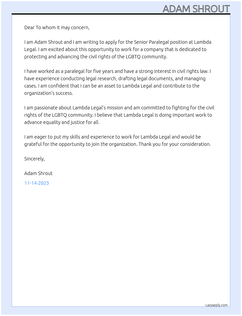 Senior Paralegal At Lambda Legal Cover Letter