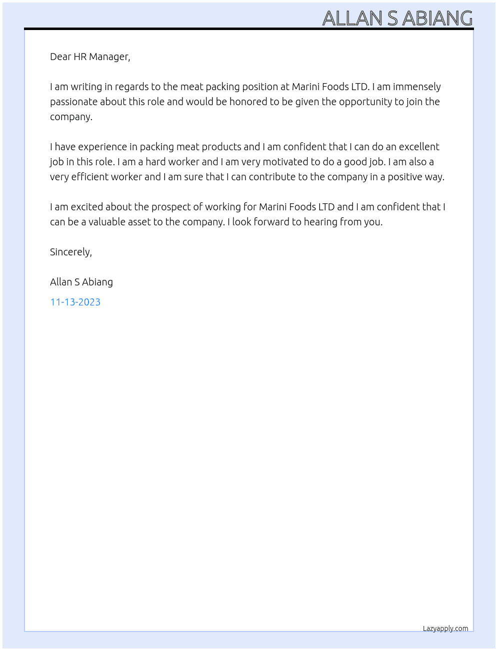 Meat packer  At Marini Foods LTD.  Cover Letter
