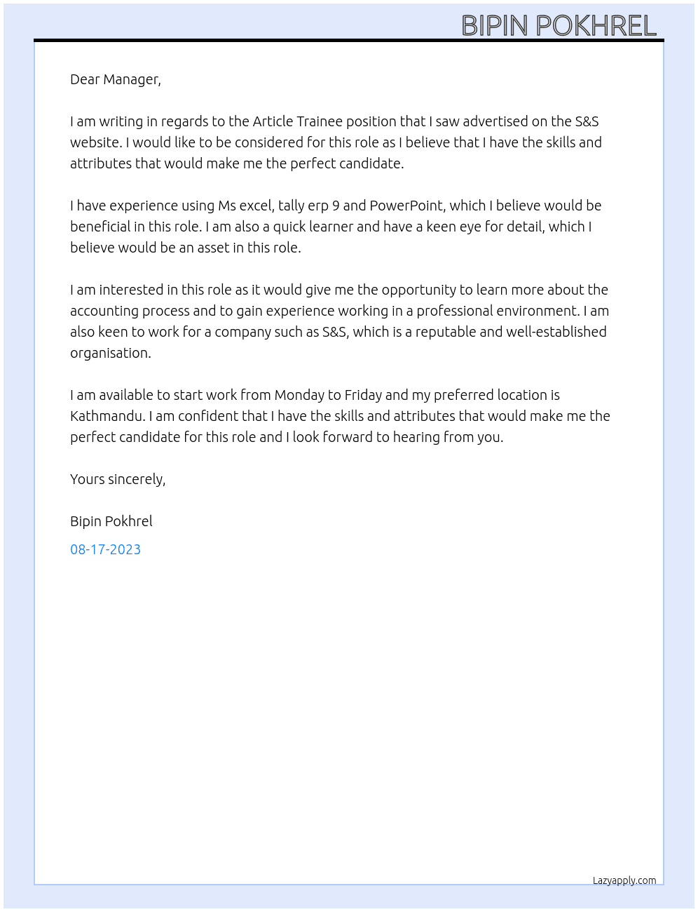 Article Trainee At S&S associates  Cover Letter