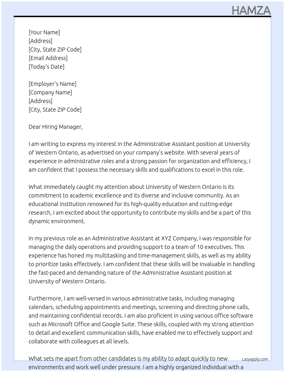 Administrative Assistant At university of western ontario Cover Letter