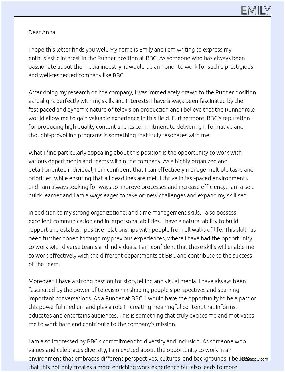 Runner At BBC Cover Letter