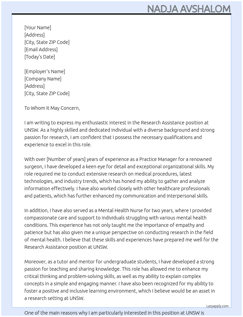 research assistance At UNSW Cover Letter