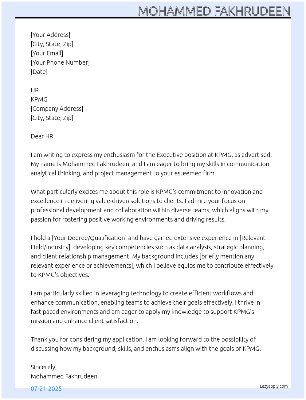Executive At KPMG Cover Letter