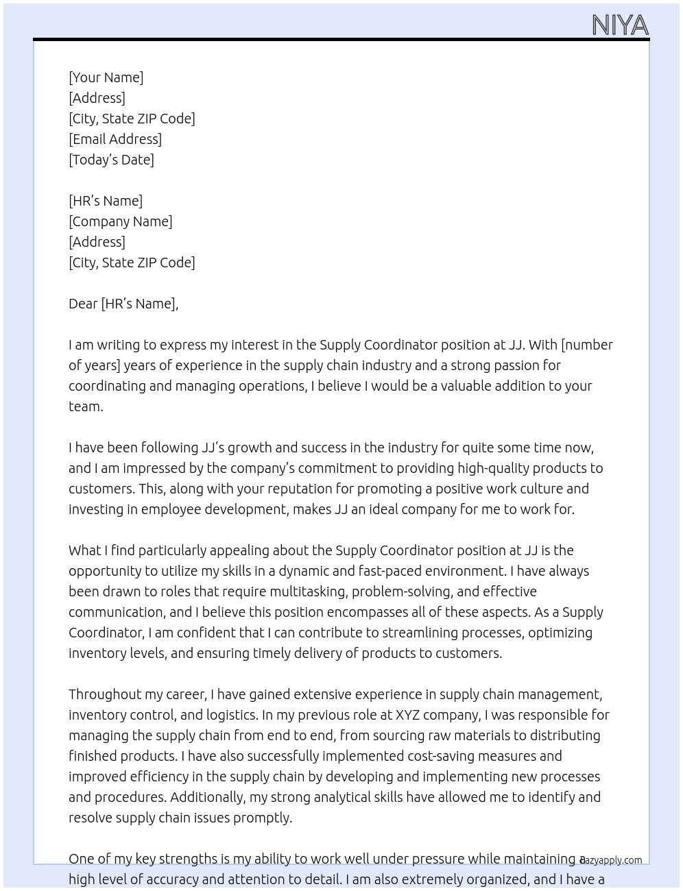 Supply Coordinator At JJ Cover Letter