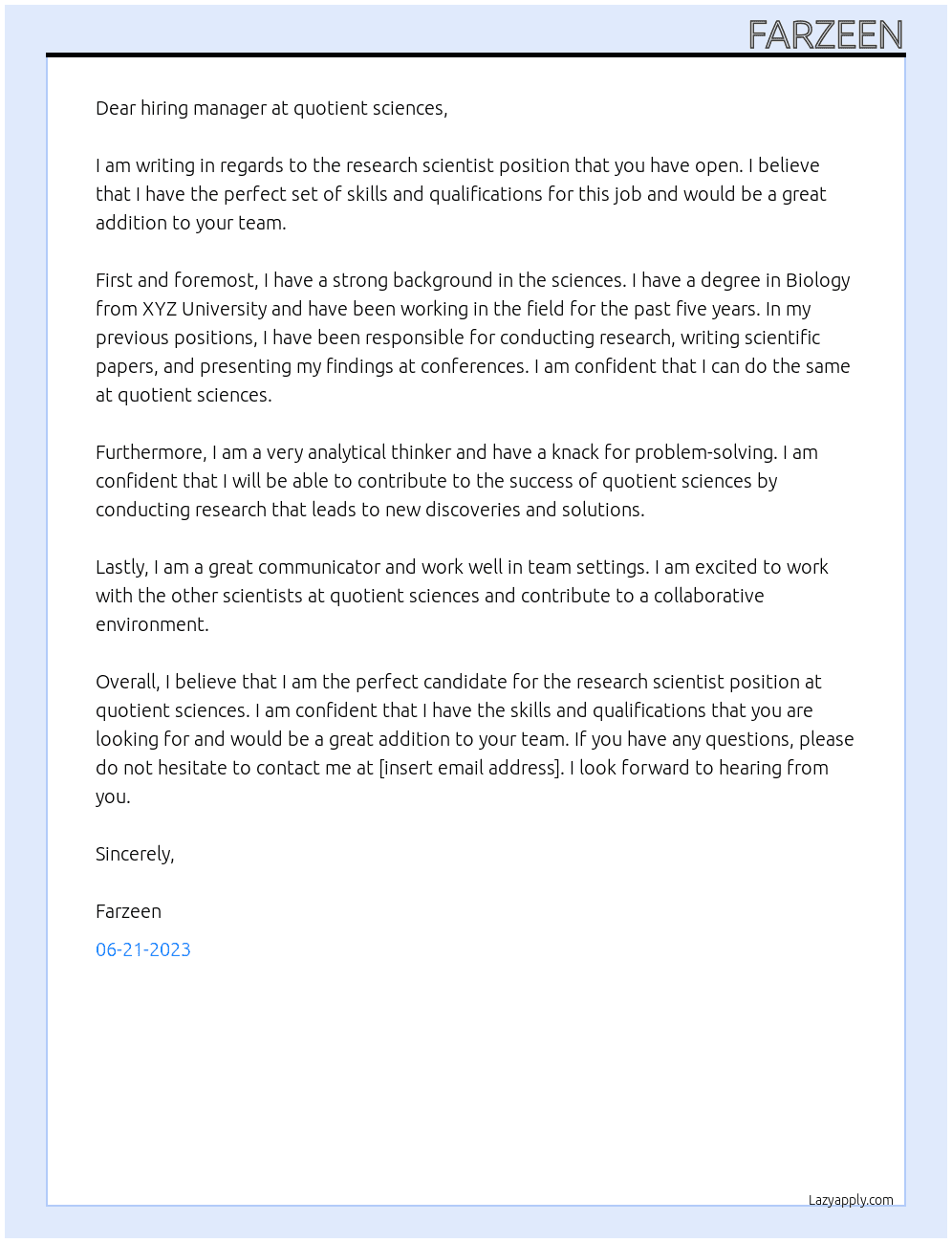 Research Scientist At quotient sciences Cover Letter