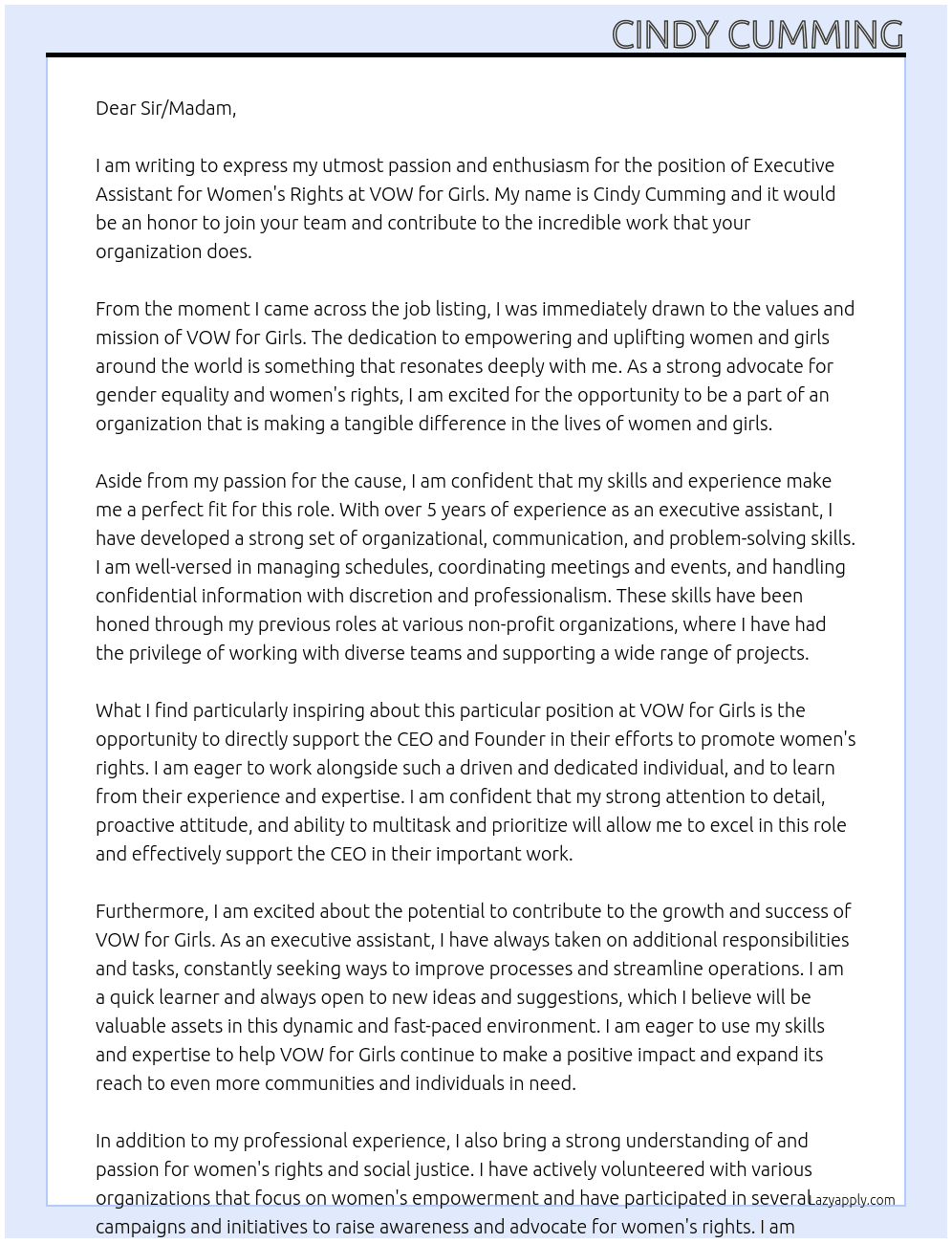 Executive Assistant for women's rights At VOW for Girls Cover Letter