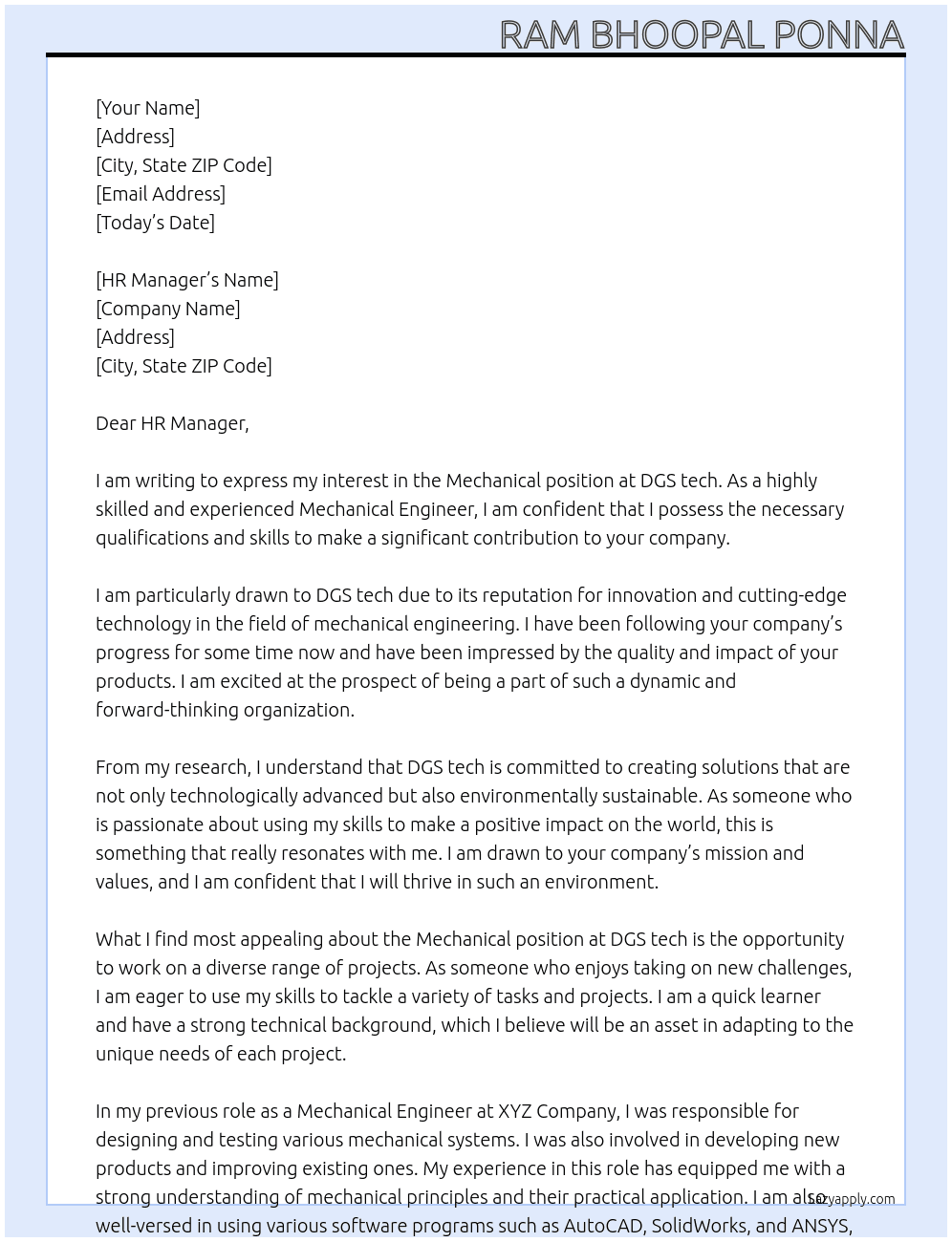 Mechanical At DGS tech Cover Letter