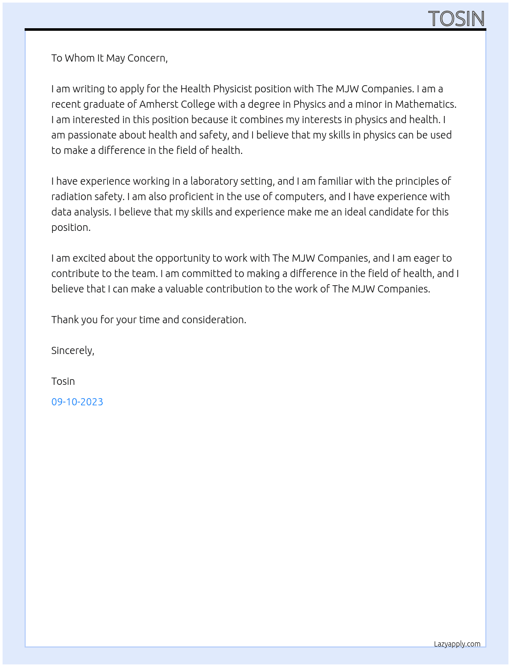 Health Physicist At The MJW Companies Cover Letter