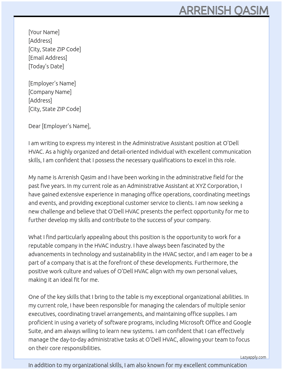 Administrative assistant At O'Dell HVAC Cover Letter
