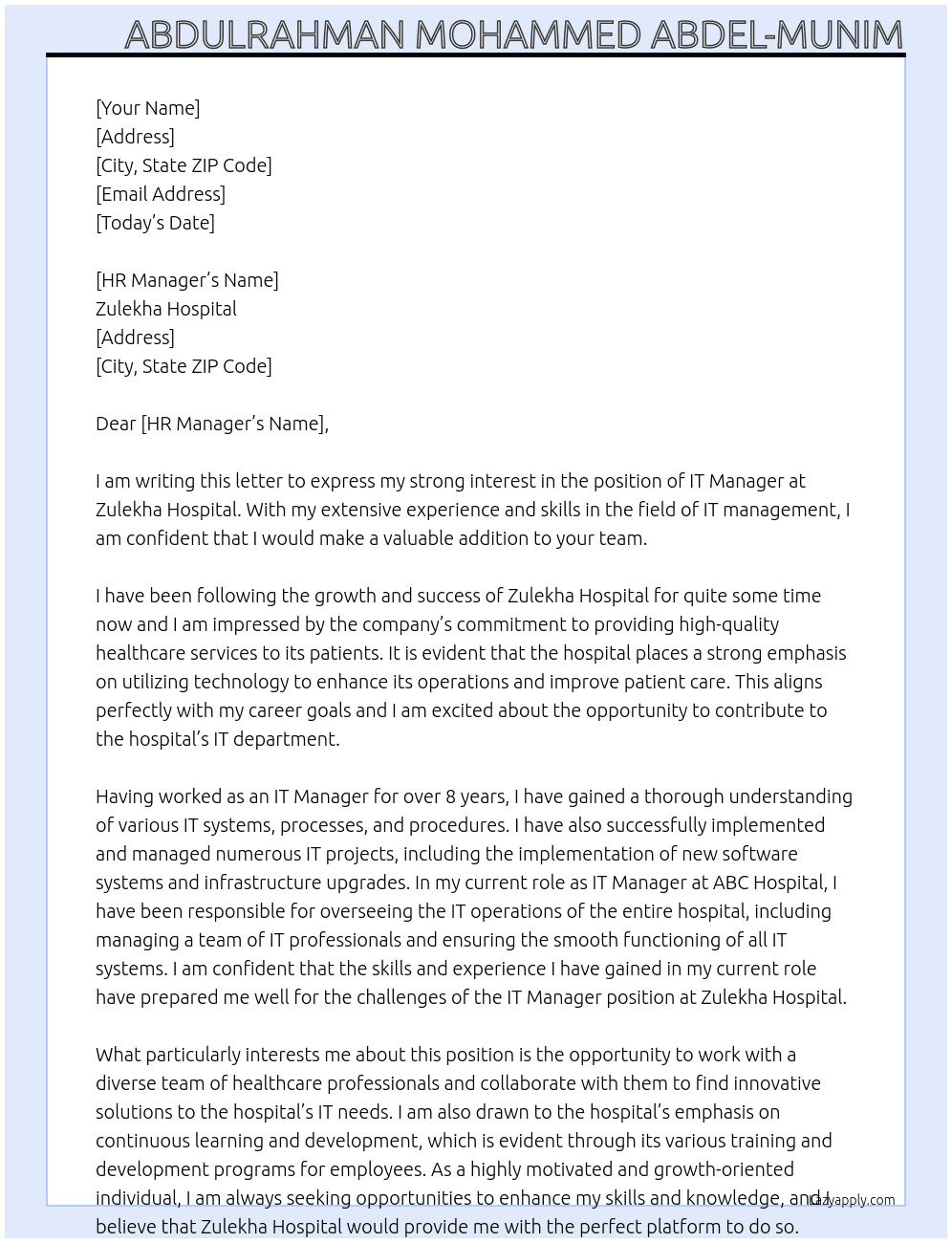 IT Manger At Zulekha Hospital Cover Letter