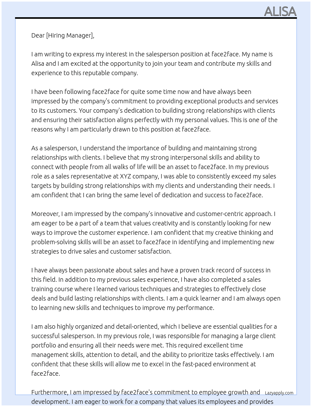 salesperson At face2face Cover Letter