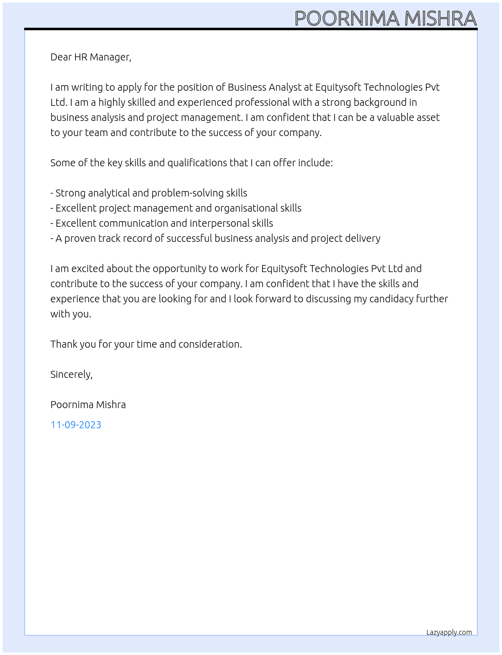Business Analyst  At Equitysoft Technologies Pvt Ltd Cover Letter