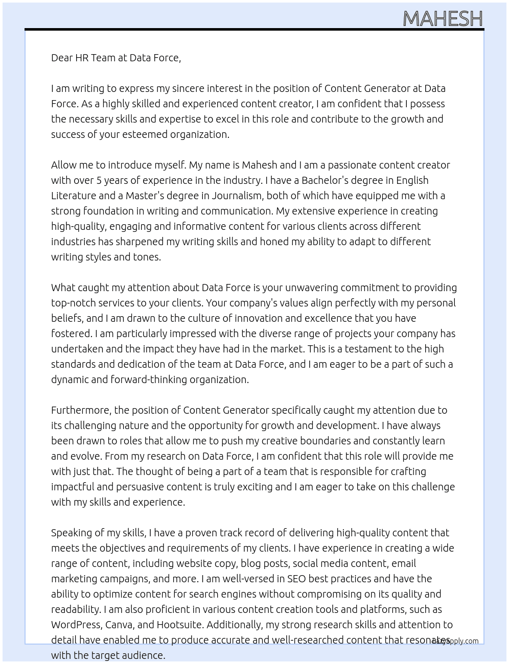 Content generated  At Data force Cover Letter