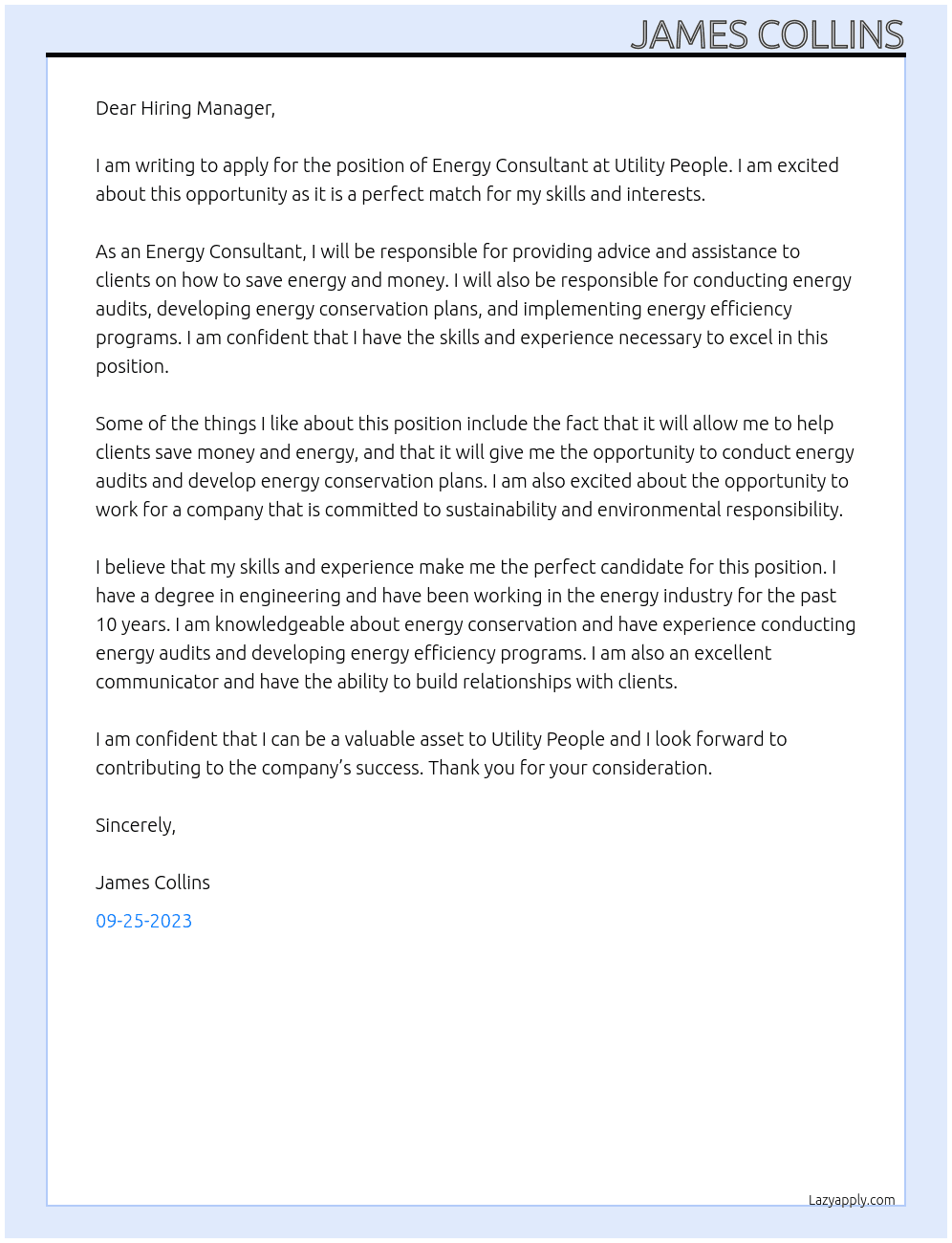Energy Consultant At Utility People Cover Letter