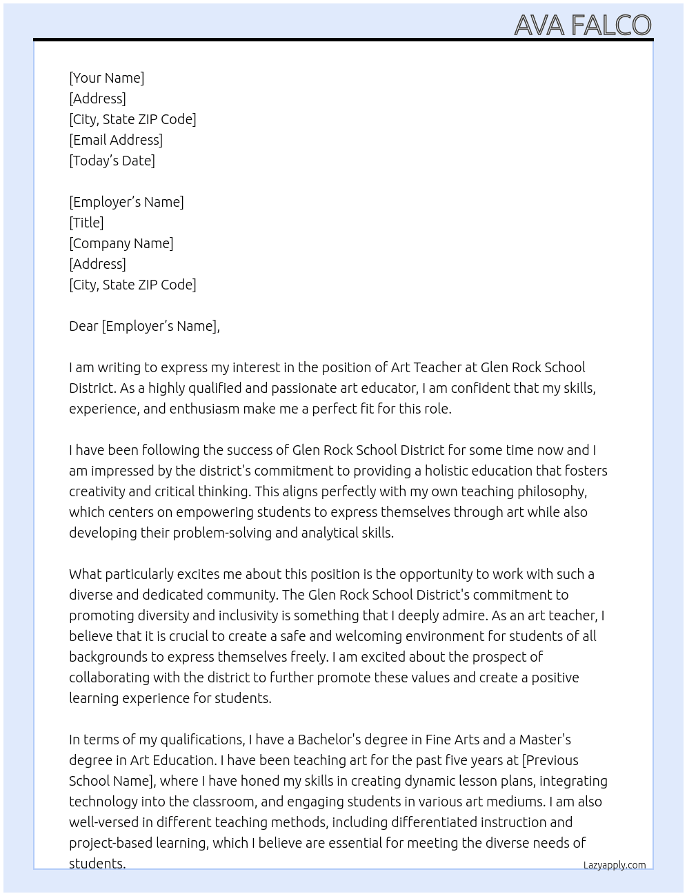art teacher At Glen Rock school district  Cover Letter