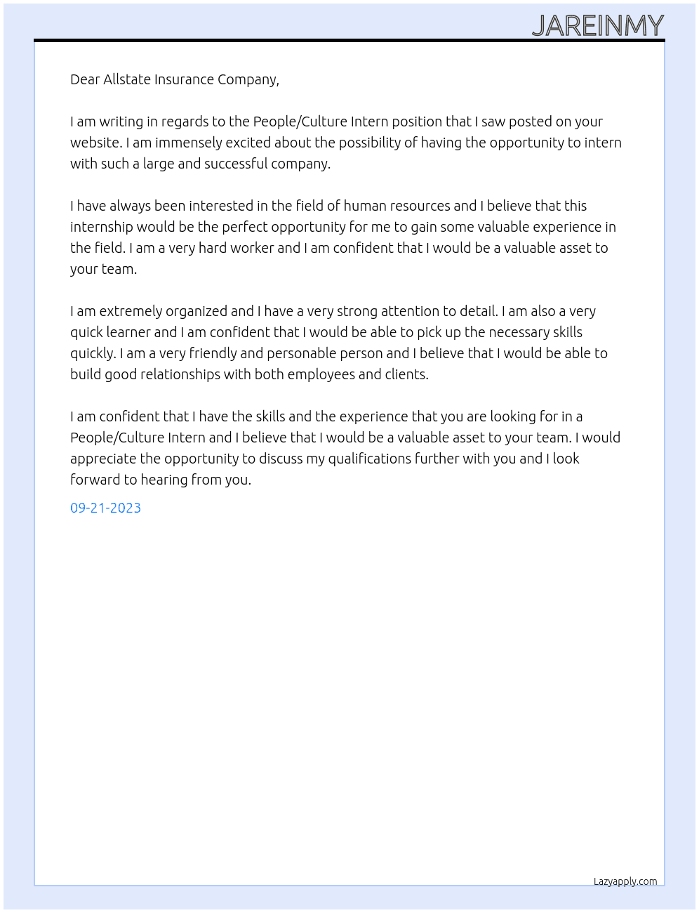 People/Culture Intern At Allstate Insurance Company Cover Letter