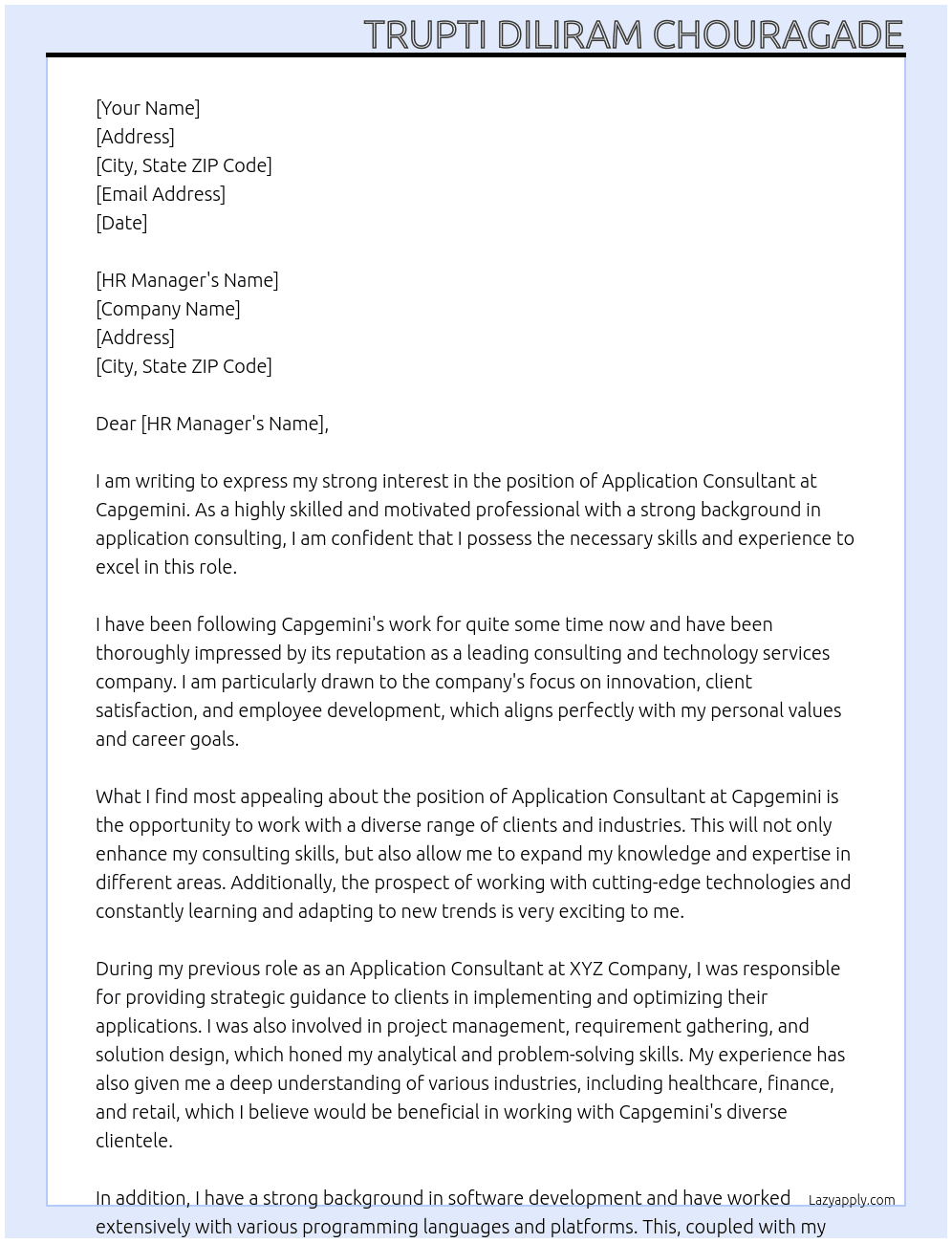 Cover letter for application consultant - LazyApply