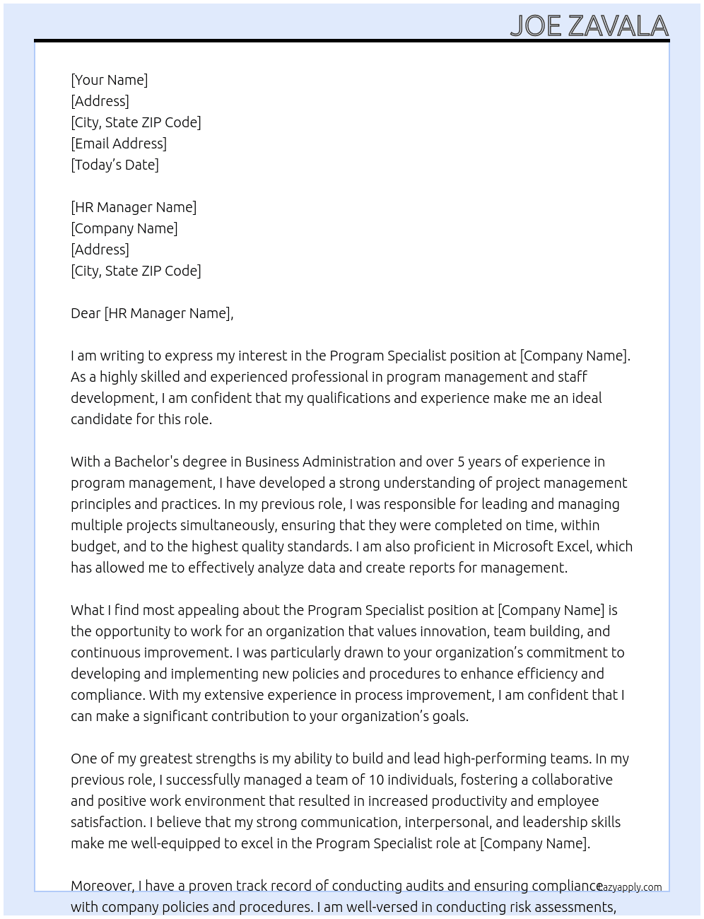Program Specialist At your organization Cover Letter