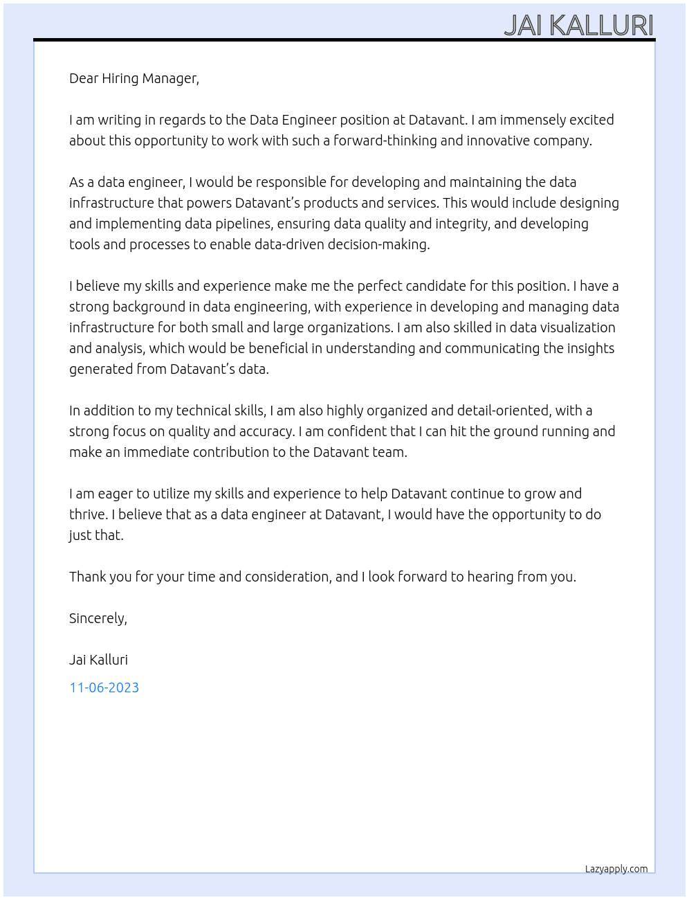 Data Engineer At Datavant Cover Letter