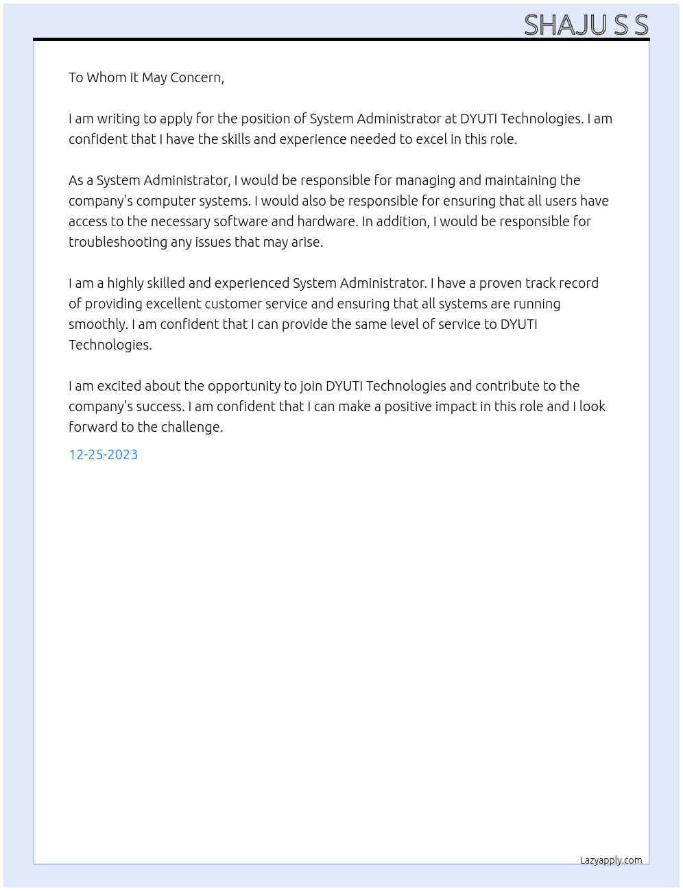 System Administrator At DYUTI TECHNOLOGIES Cover Letter