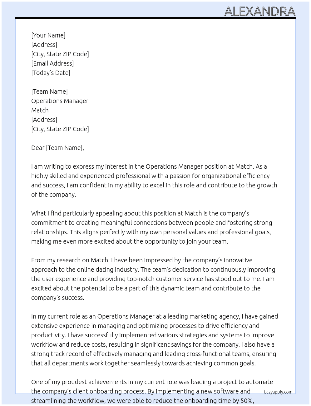 Operations Manager At Match Cover Letter
