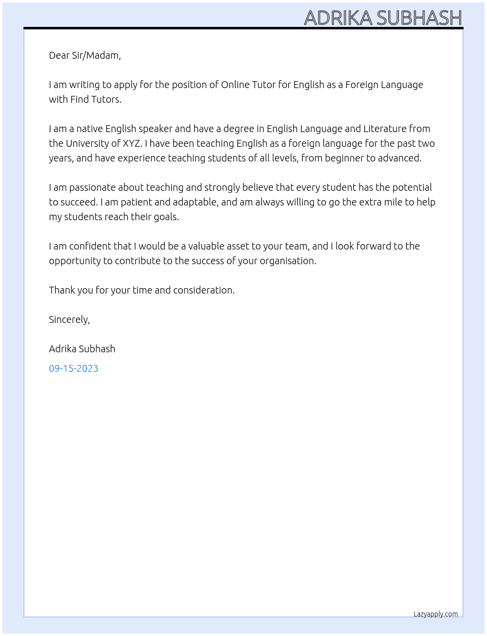 Online tutor for english as a foreign language At Find Tutors Cover Letter