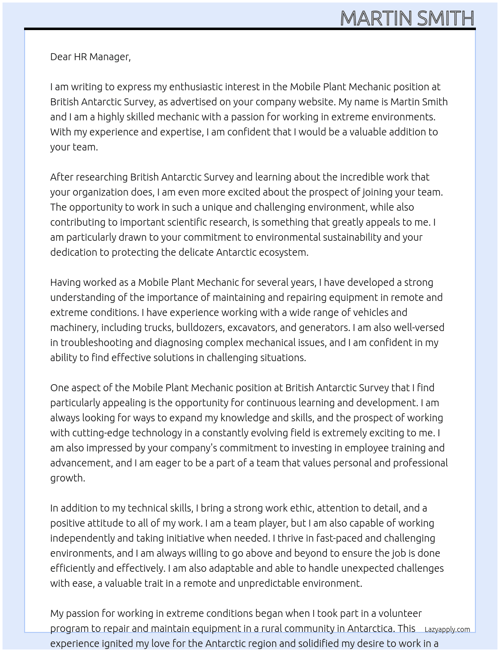 Mobile Plant Mechanic At British Antarctic Survey Cover Letter