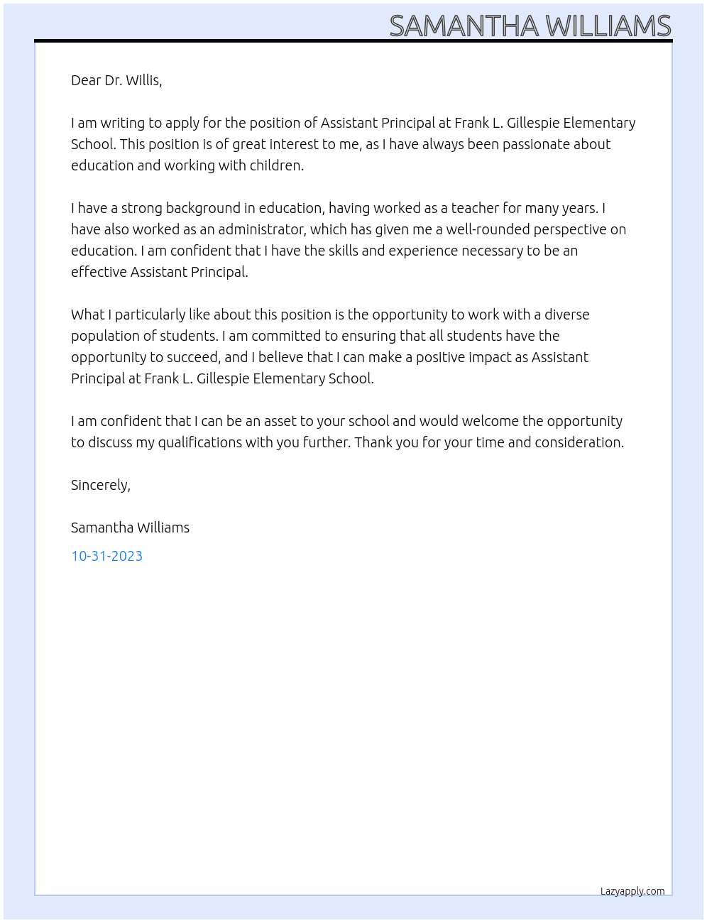 Assistant Principal At Frank L. Gillespie Elementary School Cover Letter