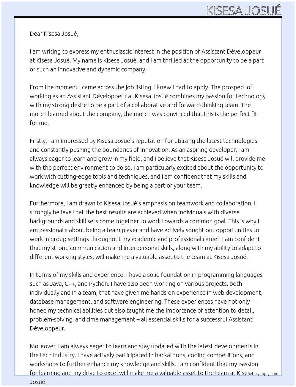 Assistant développeur  At Kisesa Josué Cover Letter