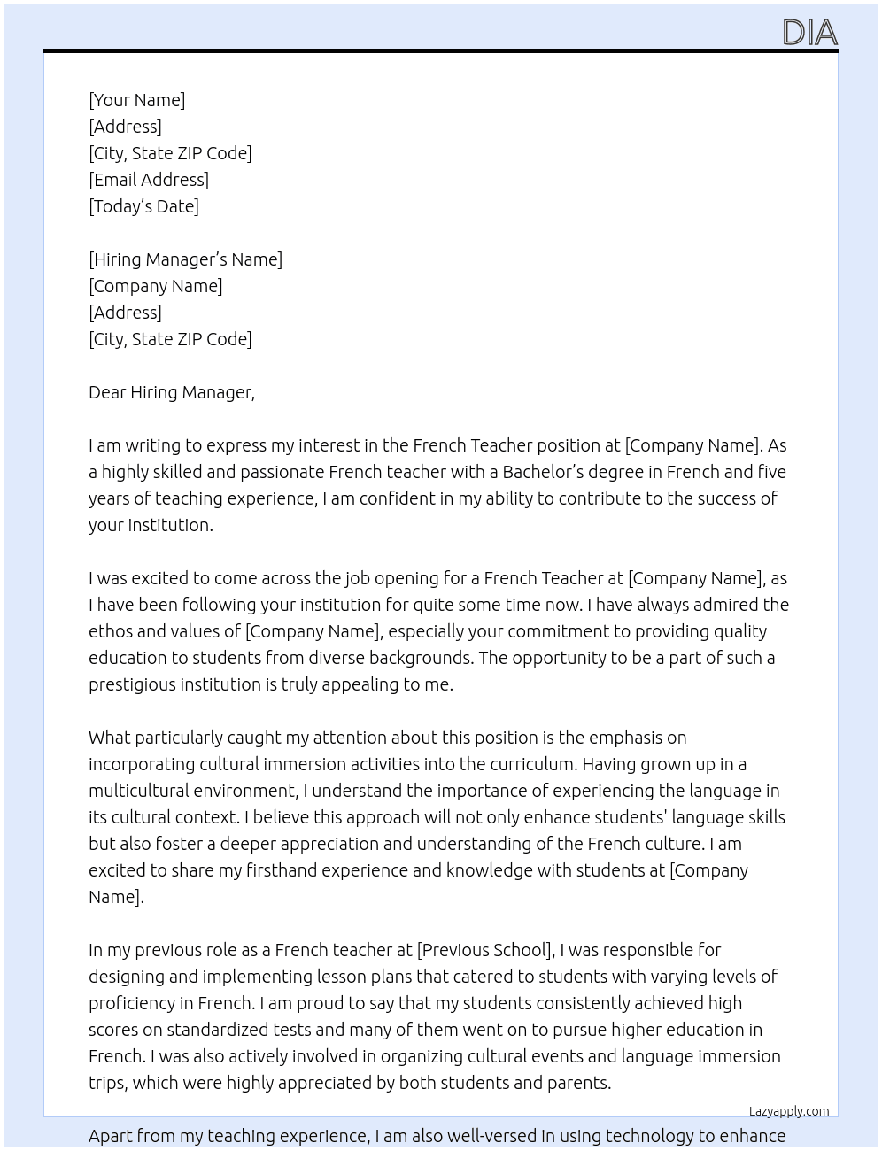 French Teacher At community College Cover Letter