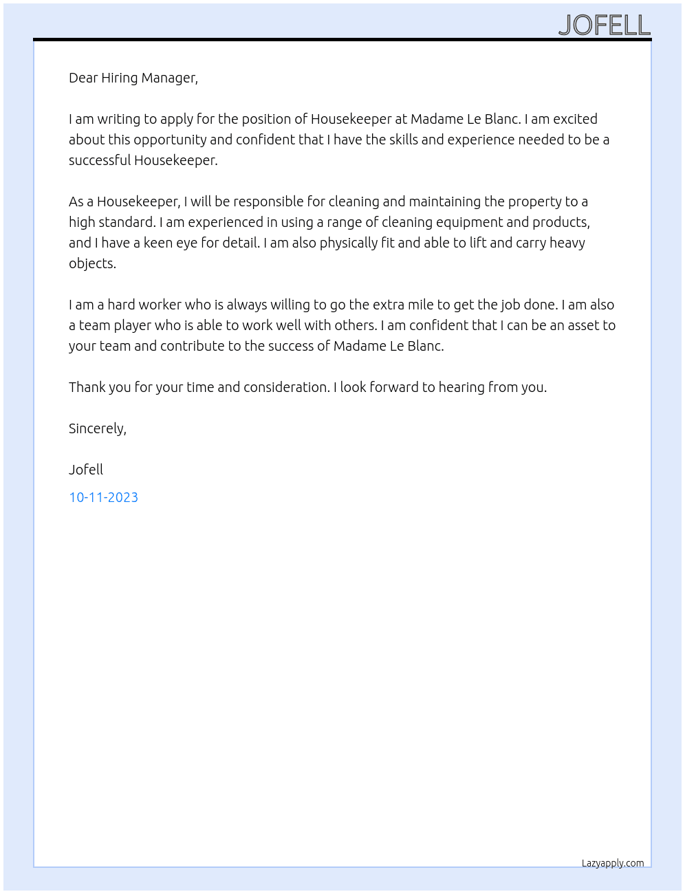 Housekeeper  At Madame Le Blanc Cover Letter