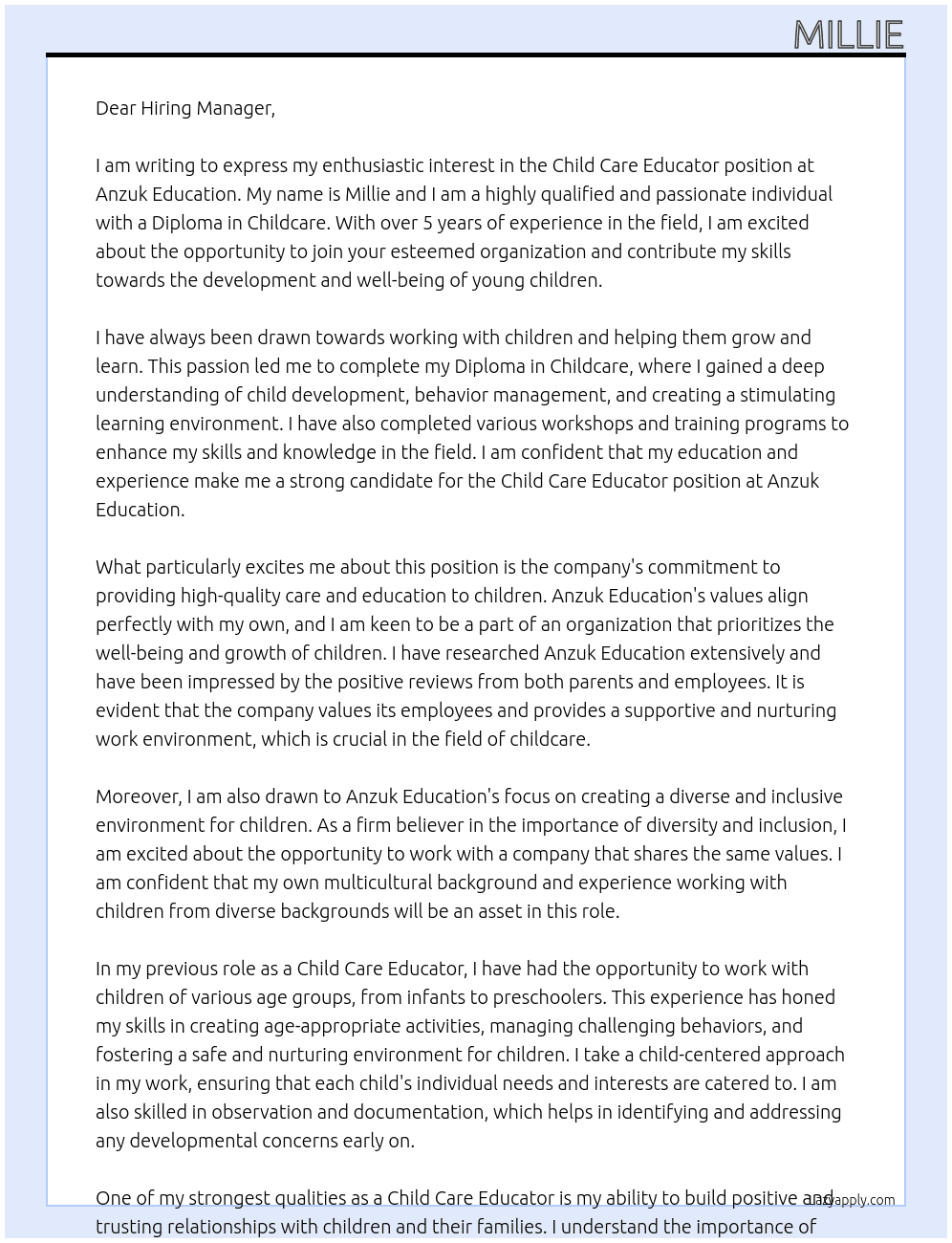 Child care educator At Anzuk education Cover Letter