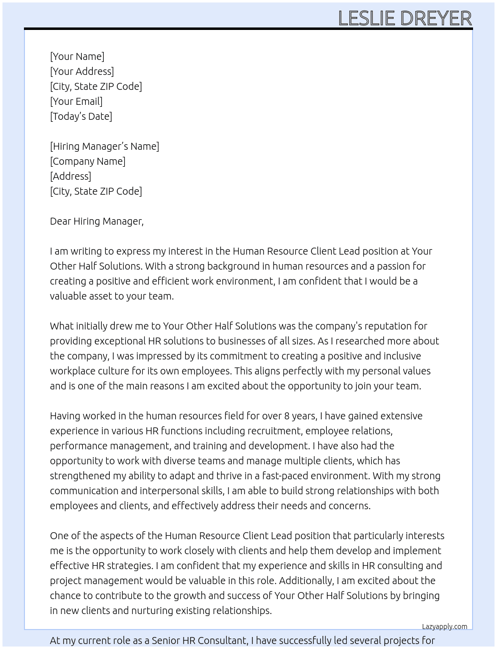 Human Resource Client Lead At Your Other Half Solutions Cover Letter