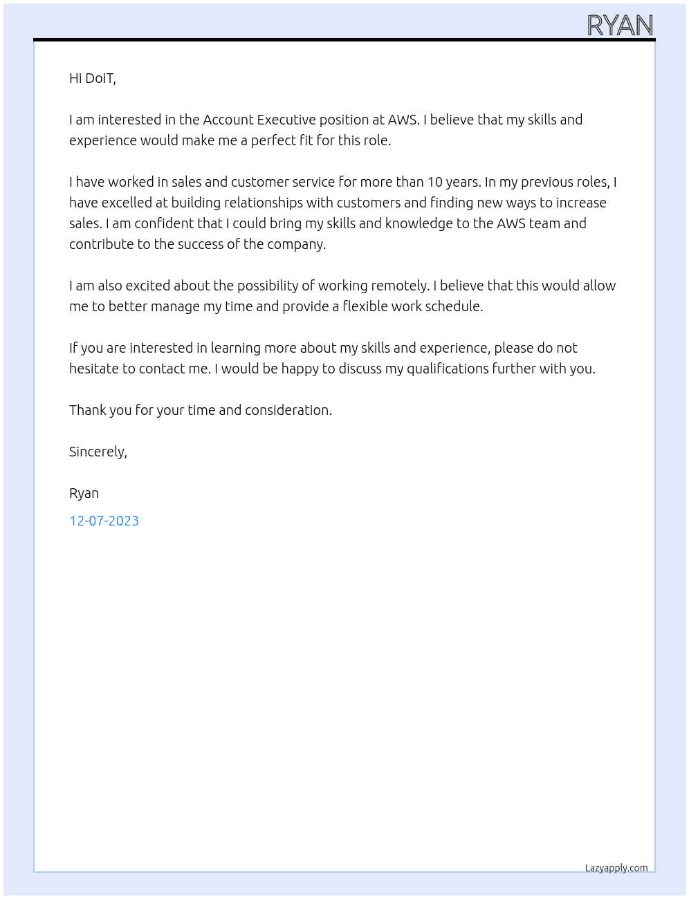 Account Executive At AWS Cover Letter
