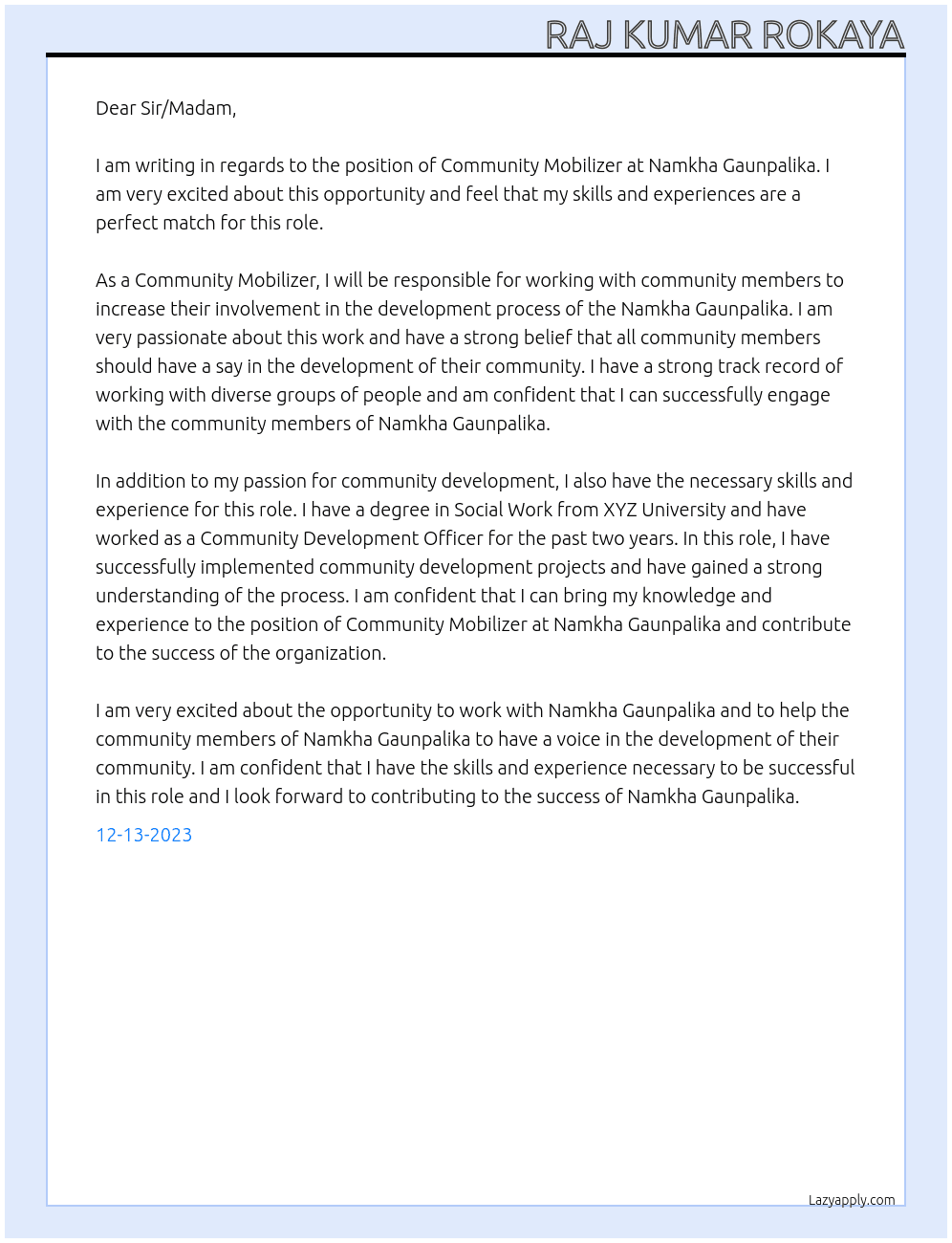 Community Mobilizer At Namkha Gaunpalika Cover Letter