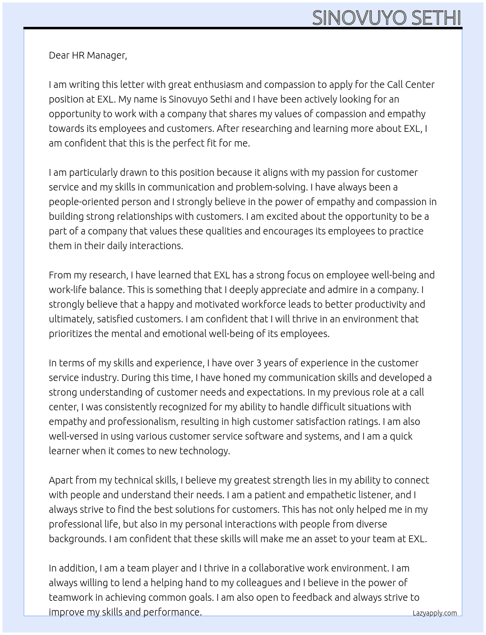 Call Center At EXL Cover Letter
